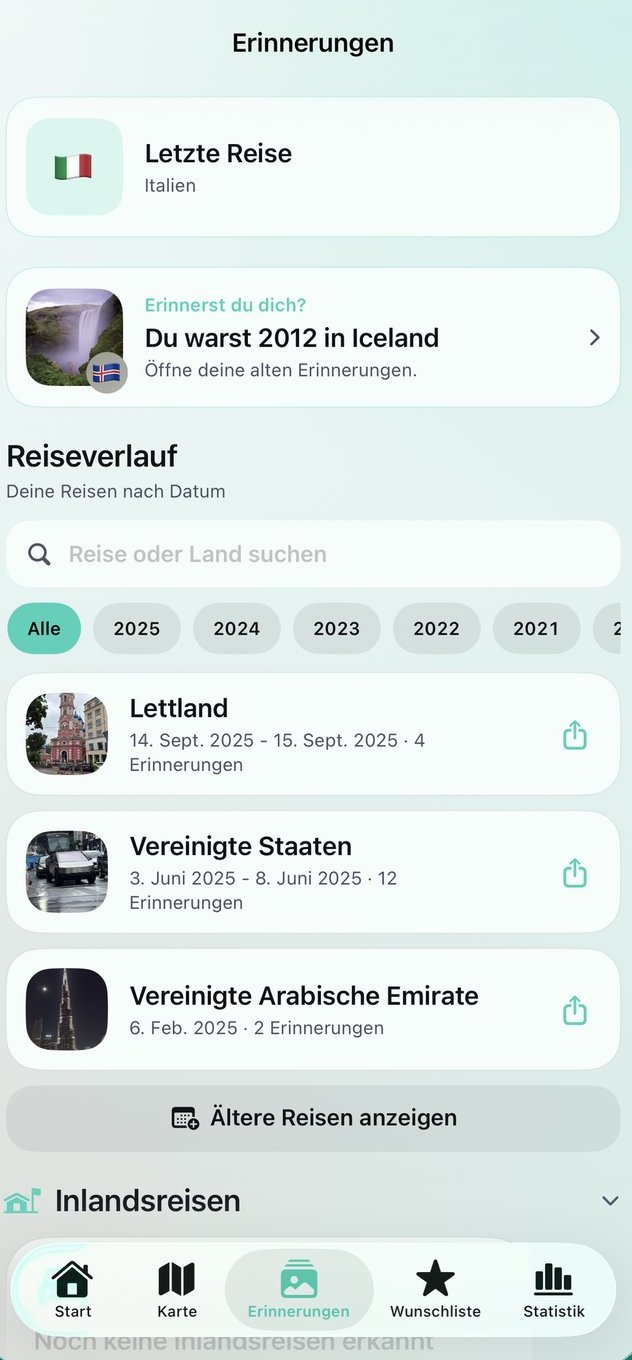 Erinnerungen-Ansicht mit Reise-Timeline nach Jahren, Rückblicken und Suche