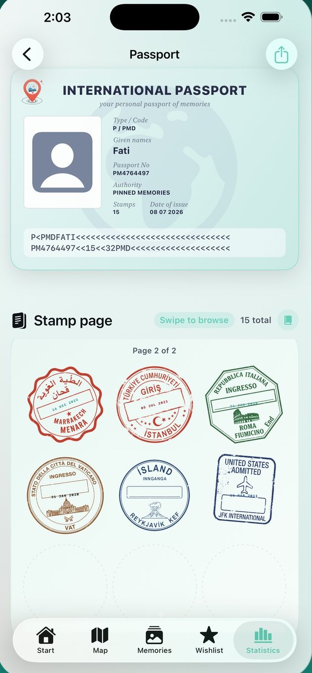 Pinned Memories passport screen with country stamps from Marrakech, Istanbul, Rome, the Vatican, Iceland and New York