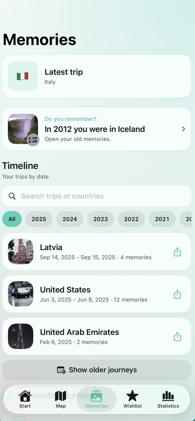 Memories screen with a timeline of trips by year, country flashbacks and search