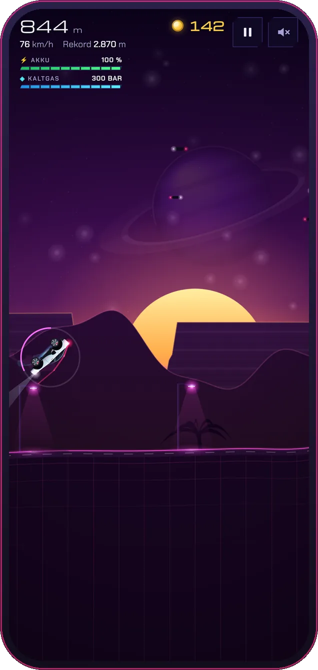 Roadster beim Salto vor einer Synthwave-Sonne
