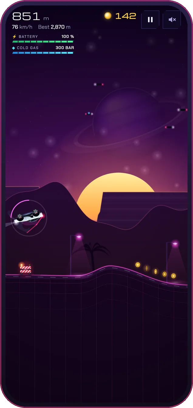 Roadster doing a flip in front of a synthwave sunset